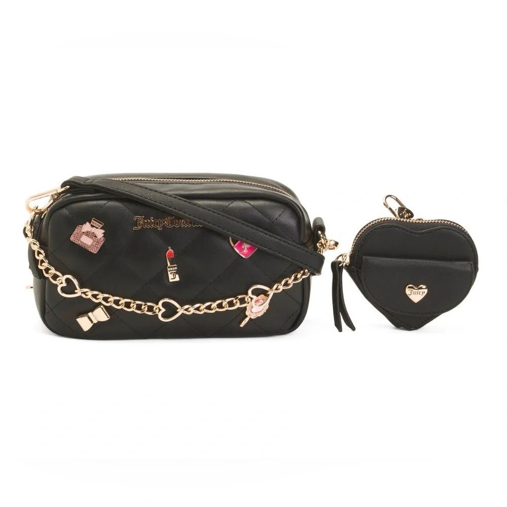 Juicy Couture Black Quilted Crossbody Bag Gift Set with Heart Coin Pouch NWT - Picture 2 of 5